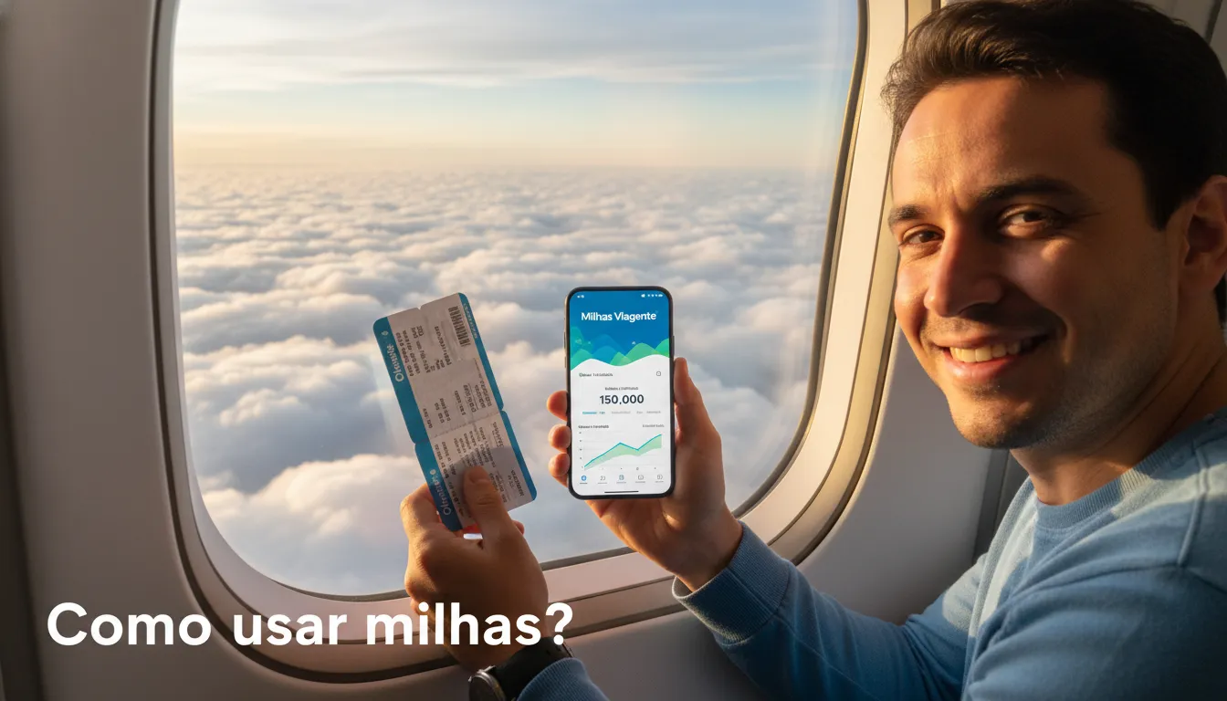 Visão da janela de um avião com um homem sorrindo e usando um app no celular para aprender como usar milhas na Viagente.