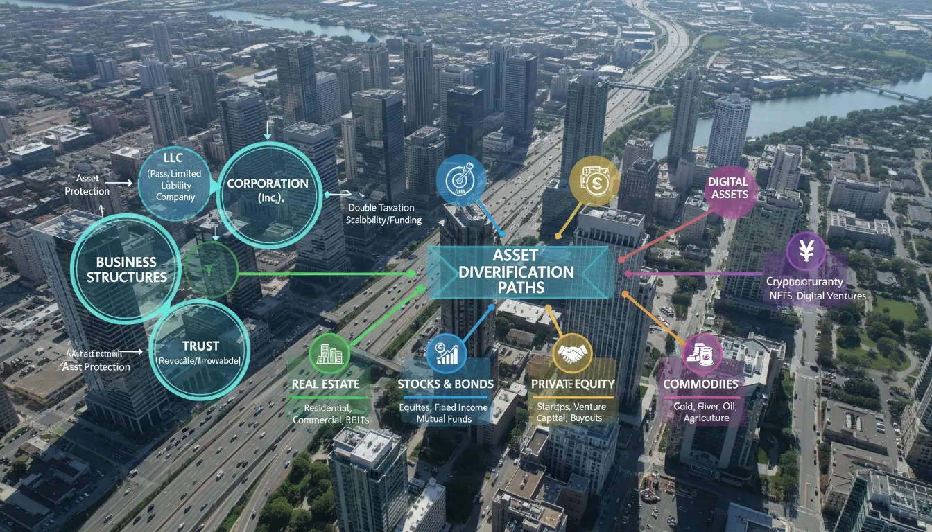 Vista aérea de distrito empresarial americano com gráficos sobre estruturas de holdings e caminhos de diversificação