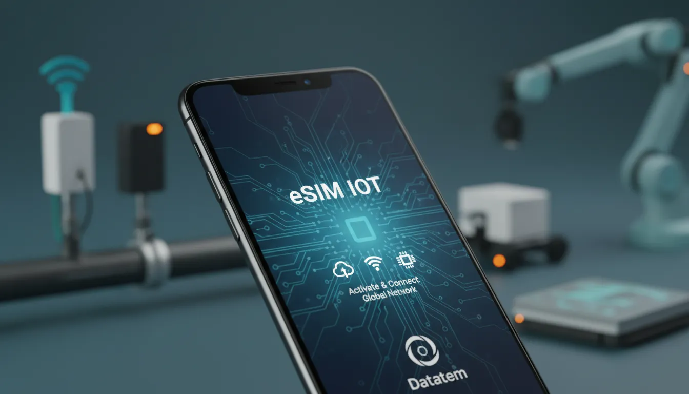Detalhe de um smartphone moderno com a interface eSIM, destacando a versatilidade da solução esim da Datatem para IoT.