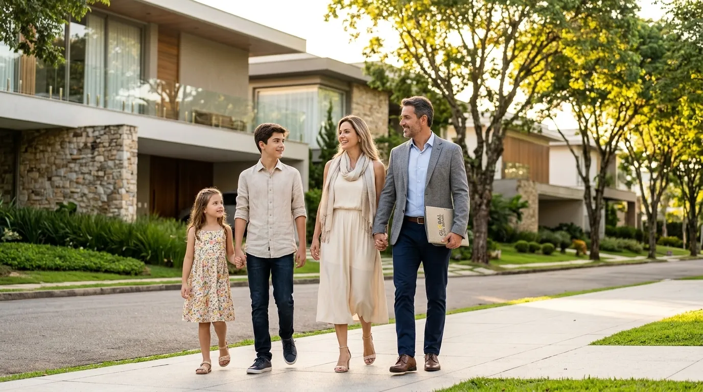Família desfrutando estabilidade e vantagens da saída fiscal definitiva morando no exterior.