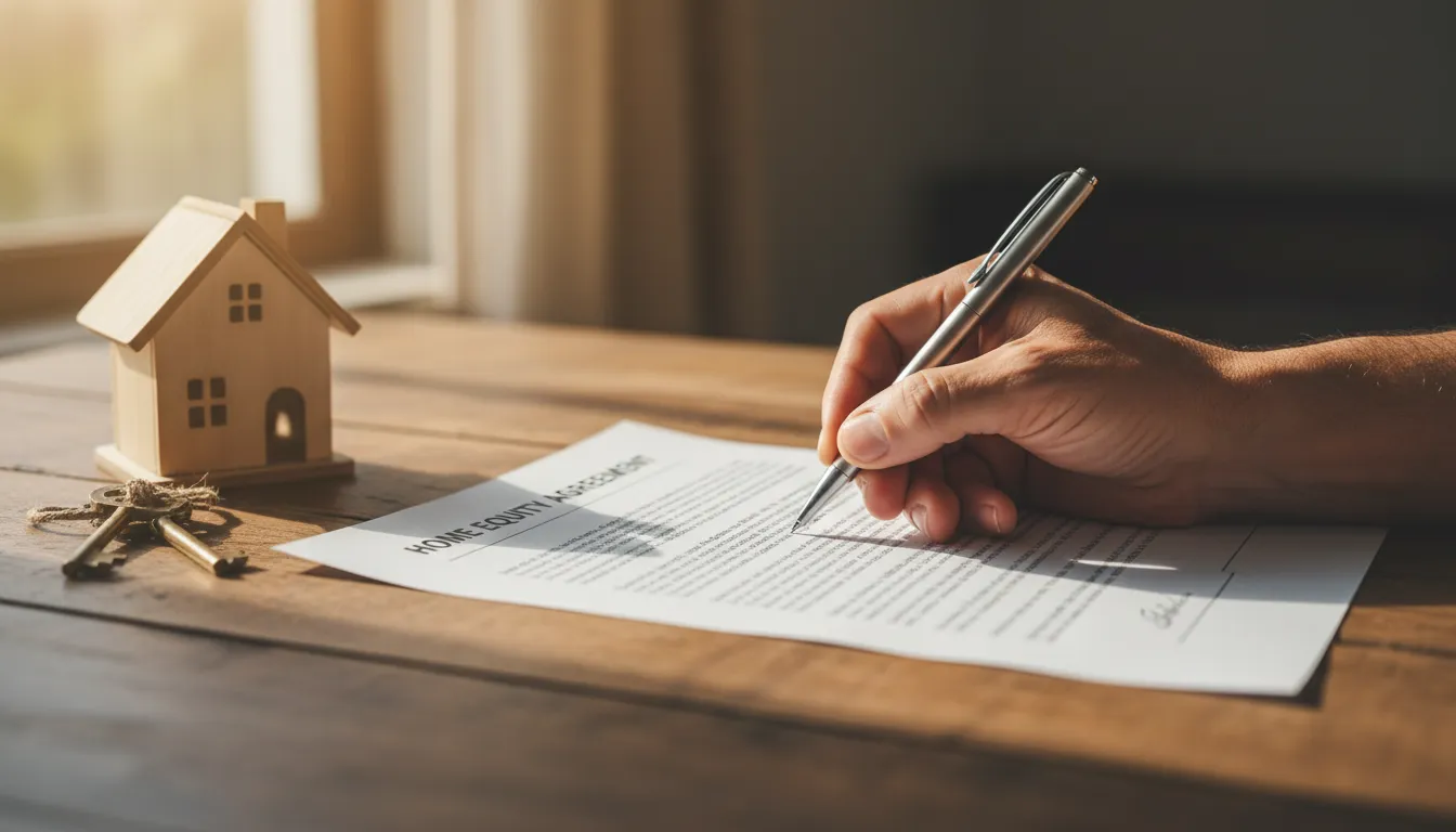 Mãos assinando contrato de home equity com chaves e miniatura de casa sobre a mesa, representando segurança financeira