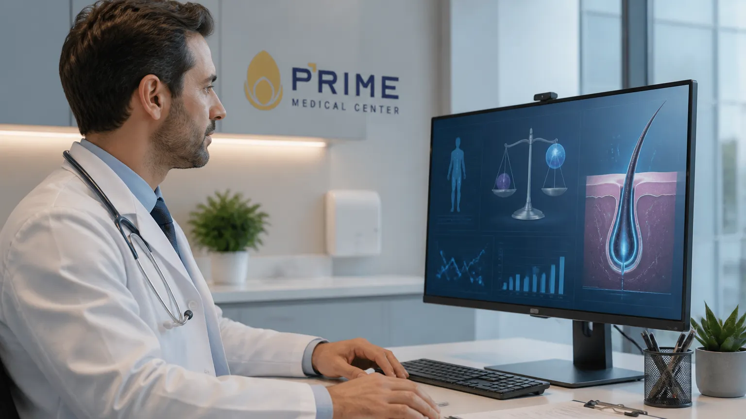 Especialista analisando finasterida efeitos colaterais e saúde hormonal em consultório médico.