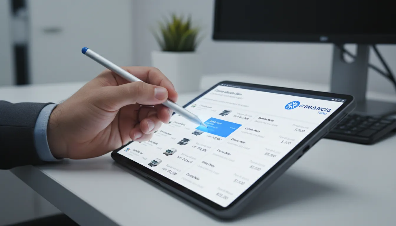 Detalhe da tela de tablet mostrando opções de financiamento para caminhão usado com a Financia Tudo. Escolha a melhor!