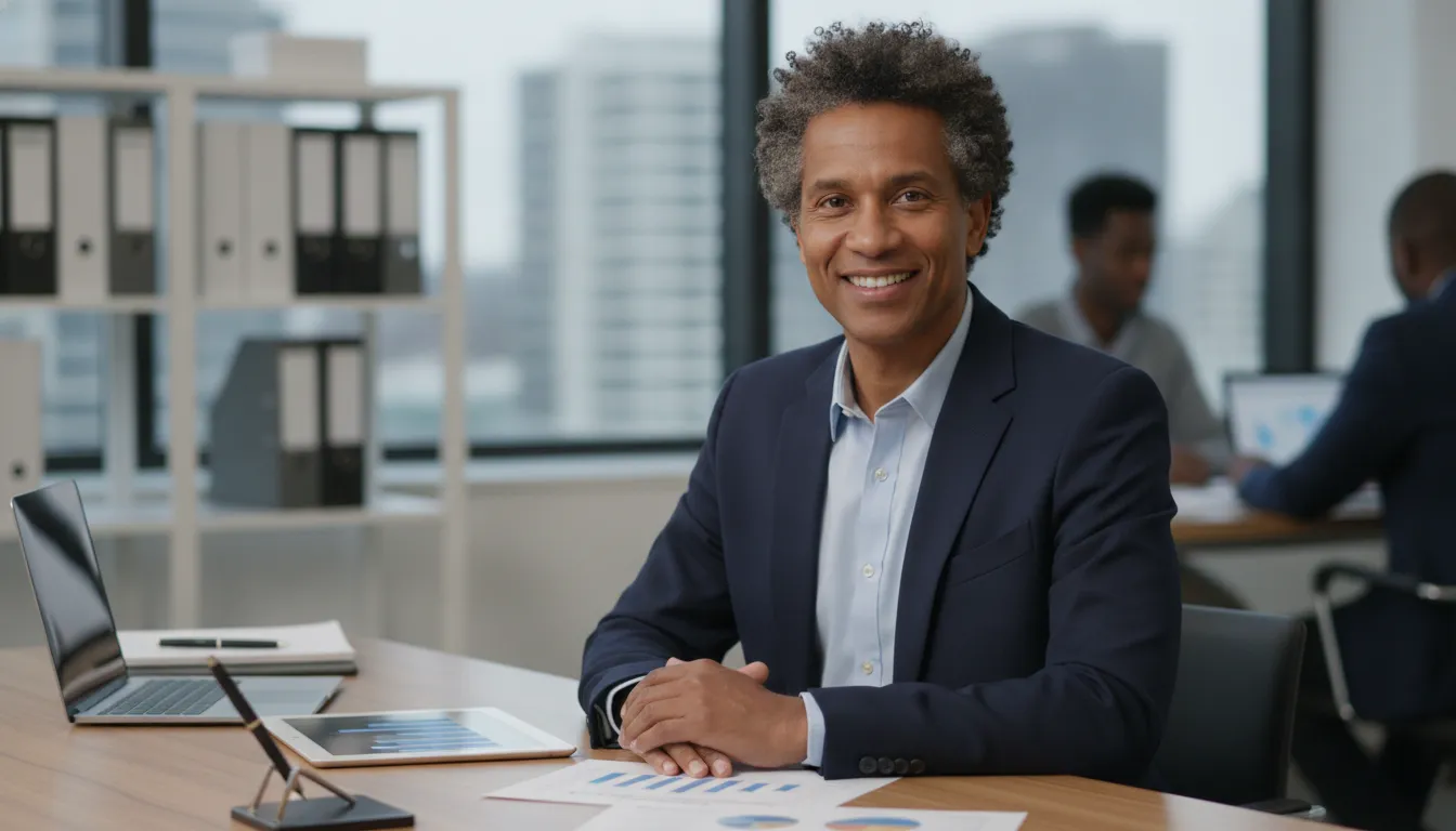 Especialista financeiro sorridente oferece consultoria sobre home equity para consolidar dívidas de alto custo.