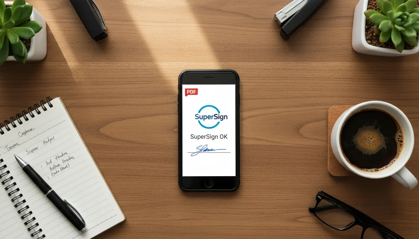 Imagem de cima de uma mesa com um celular mostrando um PDF assinado com sucesso. Aprenda agora como assinar PDF no celular de forma rápida e eficiente com SuperSign.