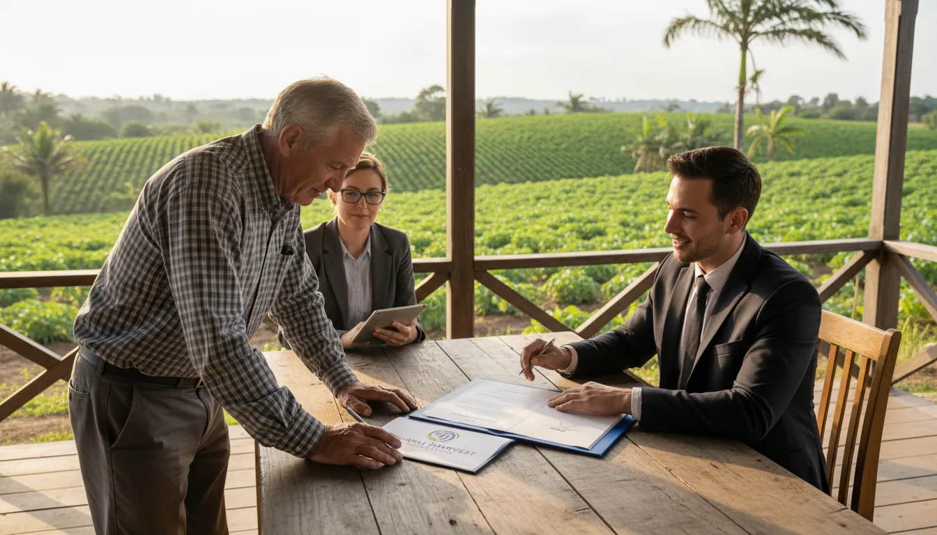 Assinatura de contrato entre proprietário rural e representante do agronegócio diante de plantação