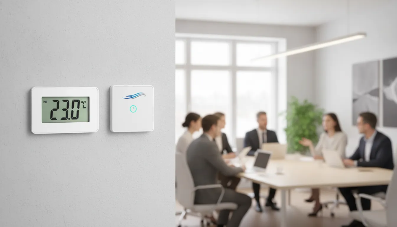 Termômetro digital exibindo temperatura ideal em escritório, assegurando conforto térmico no trabalho.
