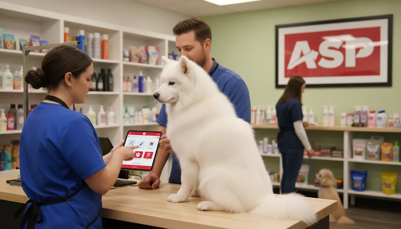 Balcão de atendimento de um pet shop com serviços adicionais sendo oferecidos, como shampoos premium e tratamentos, influenciando positivamente o ticket médio.