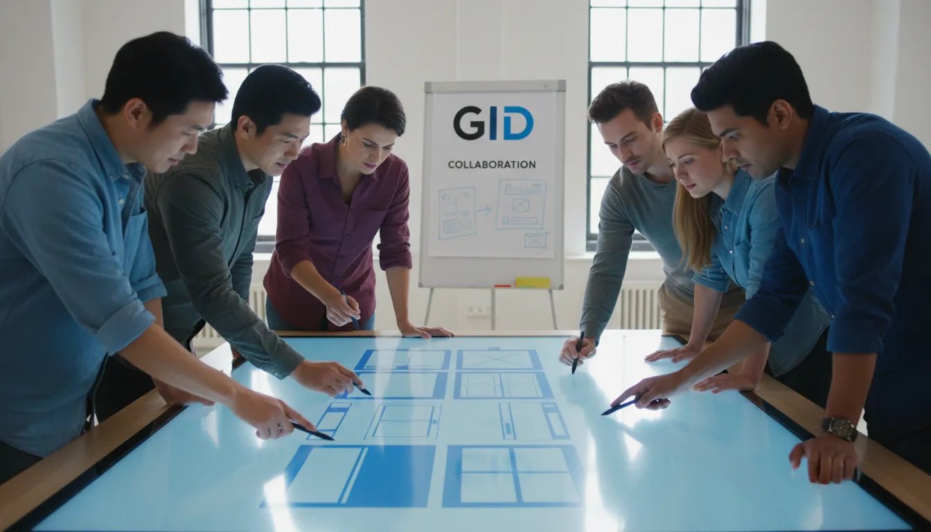 Equipo diverso colaborando en el diseño de un sitio web. GID ofrece soluciones personalizadas para la creacion de sites.