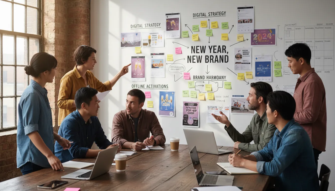 Site para Ano Novo: Como Posicionar Sua Marca na Virada 2 Equipe diversa planejando campanha de Ano Novo com painéis de ideias e integração digital-offline.
