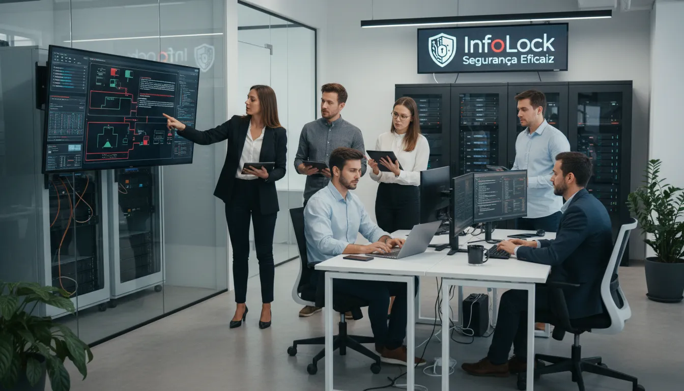 Uma equipe de profissionais de TI trabalhando para proteger a infraestrutura de rede, com o logo da InfoLock discretamente visível. Reforça a cibersegurança para empresas através de soluções eficientes.