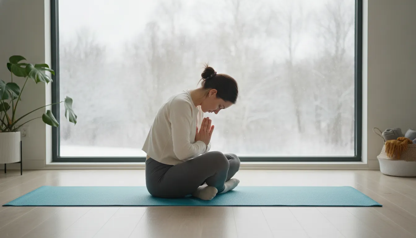 Pessoa alongando suavemente em tapete yoga dentro casa. Inverno e autocuidado com movimento consciente.