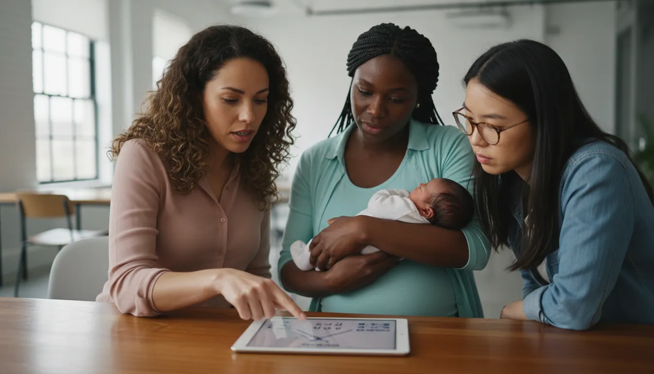 Mulheres diversas aprendem sobre como calcular o salário maternidade valor e seus benefícios.