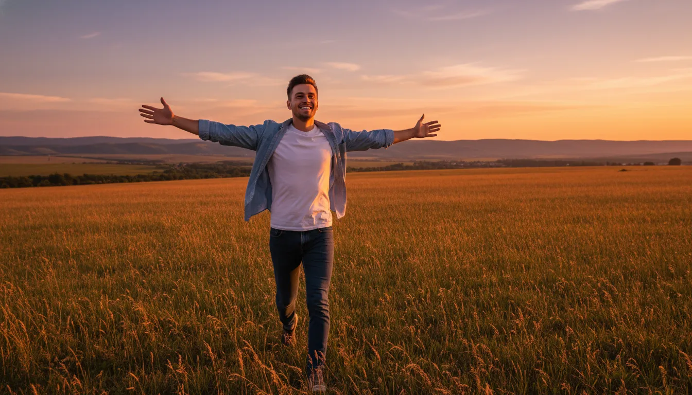 Jovem correndo livre e feliz em campo aberto, simbolizando liberdade e qualidade de vida pela saúde emocional.