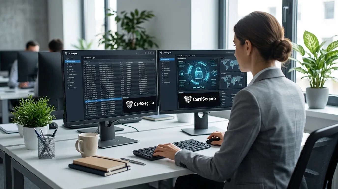 Monitoramento de acessos de certificado digital notarizado em telas de computador na contabilidade.