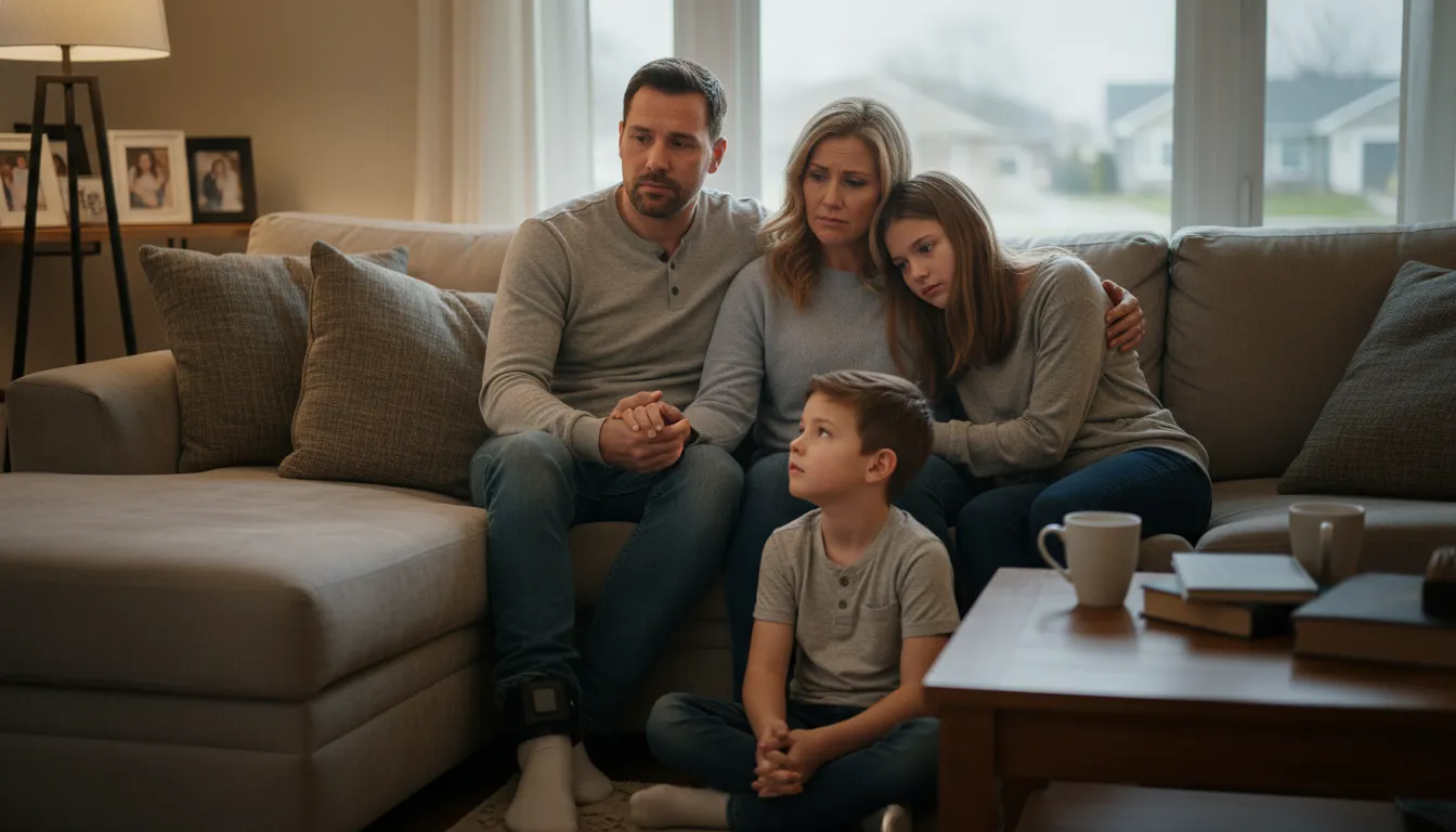 Família reunida em casa, demonstrando apoio a pessoa com tornozeleira eletrônica e os desafios do convívio social.
