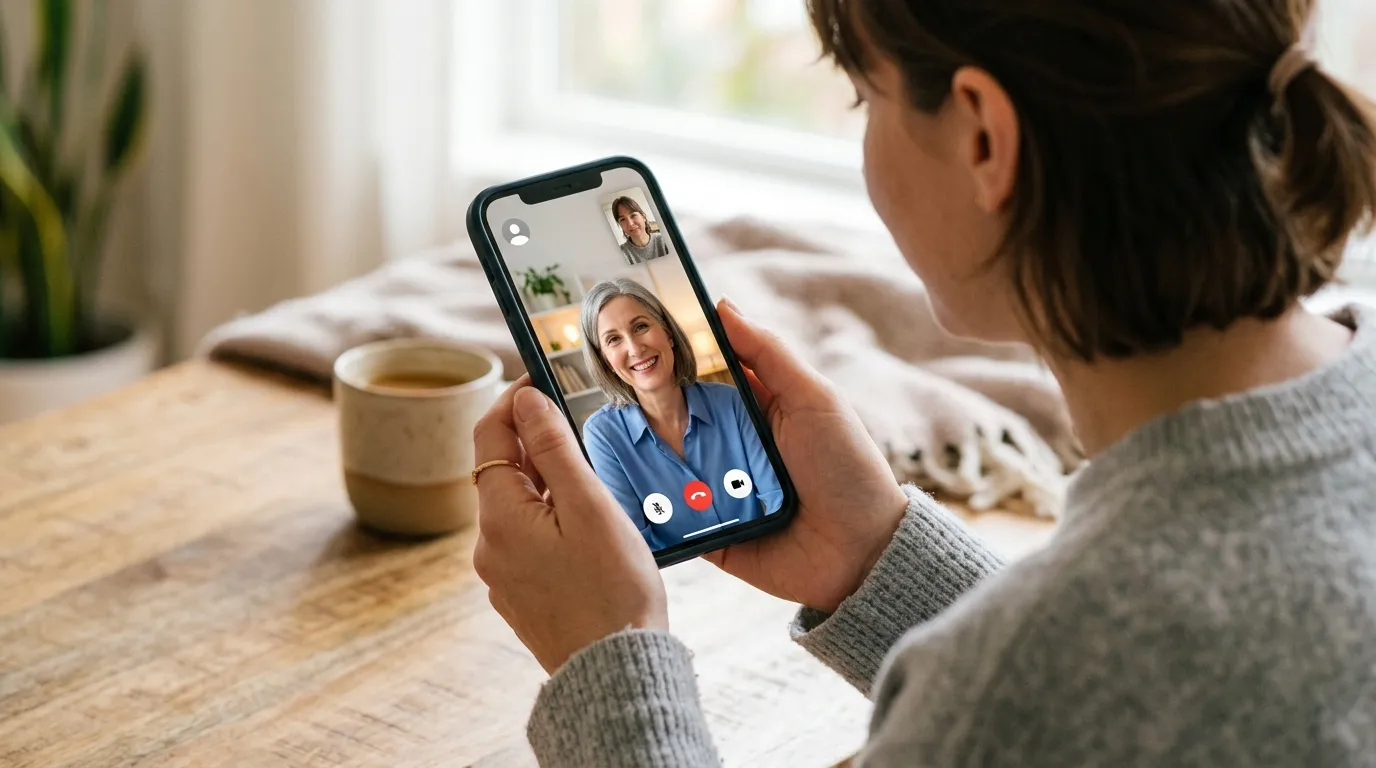 Celular exibindo videochamada de apoio com terapia online