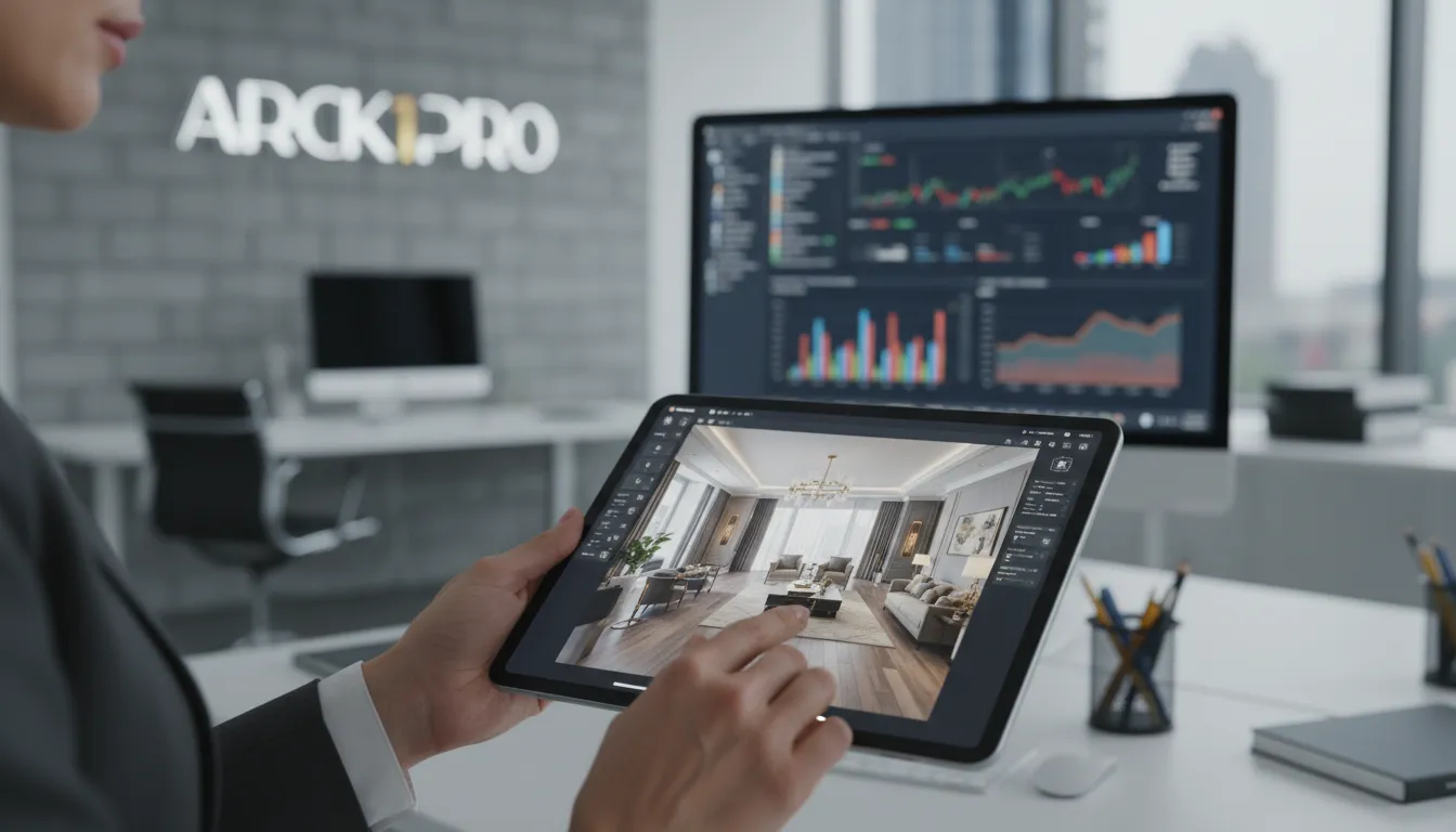 Mãos analisam projeto digital de empreendimentos imobiliários, destacando a viabilidade e o design.