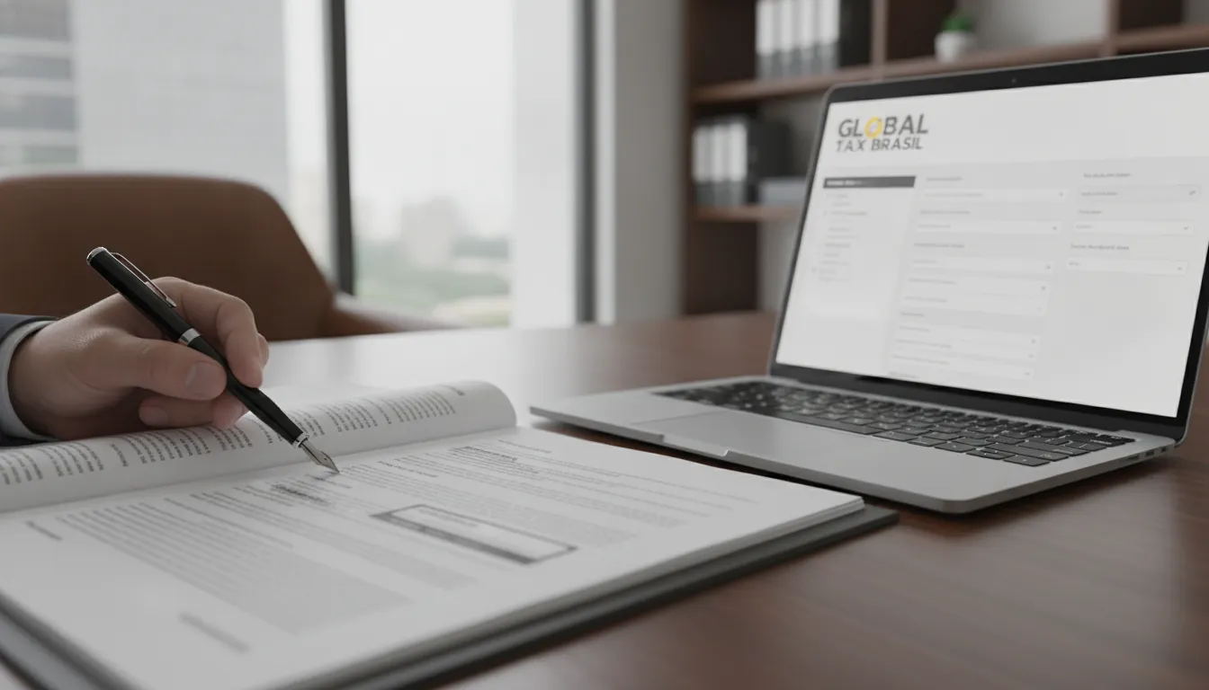 Documento legal detalha saída fiscal Portugal NHR, com laptop e logo Global Tax Brasil, simbolizando precisão fiscal.