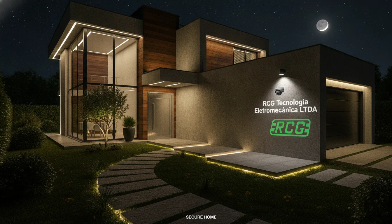 Casa moderna à noite com iluminação de segurança ativada por sistemas de energia confiáveis RCG.