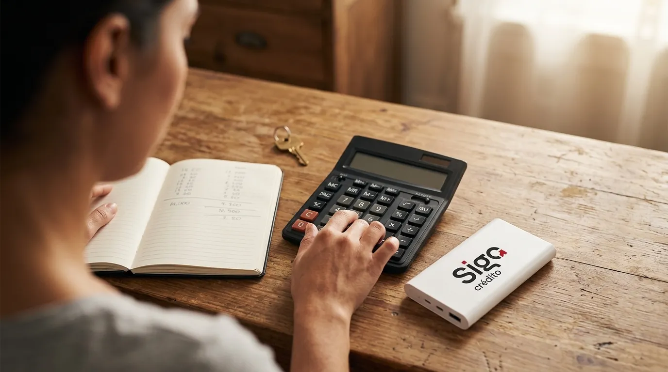 Calculadora e chaves na mesa analisando taxas do empréstimo com garantia residencial.