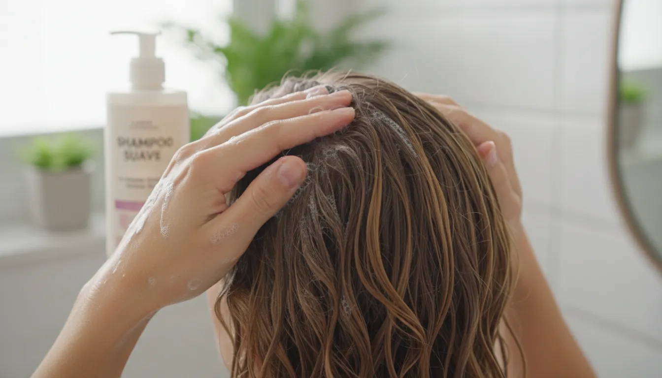 Aplicação de shampoo suave na raiz de cabelos ondulados, mostrando a espuma e técnica correta
