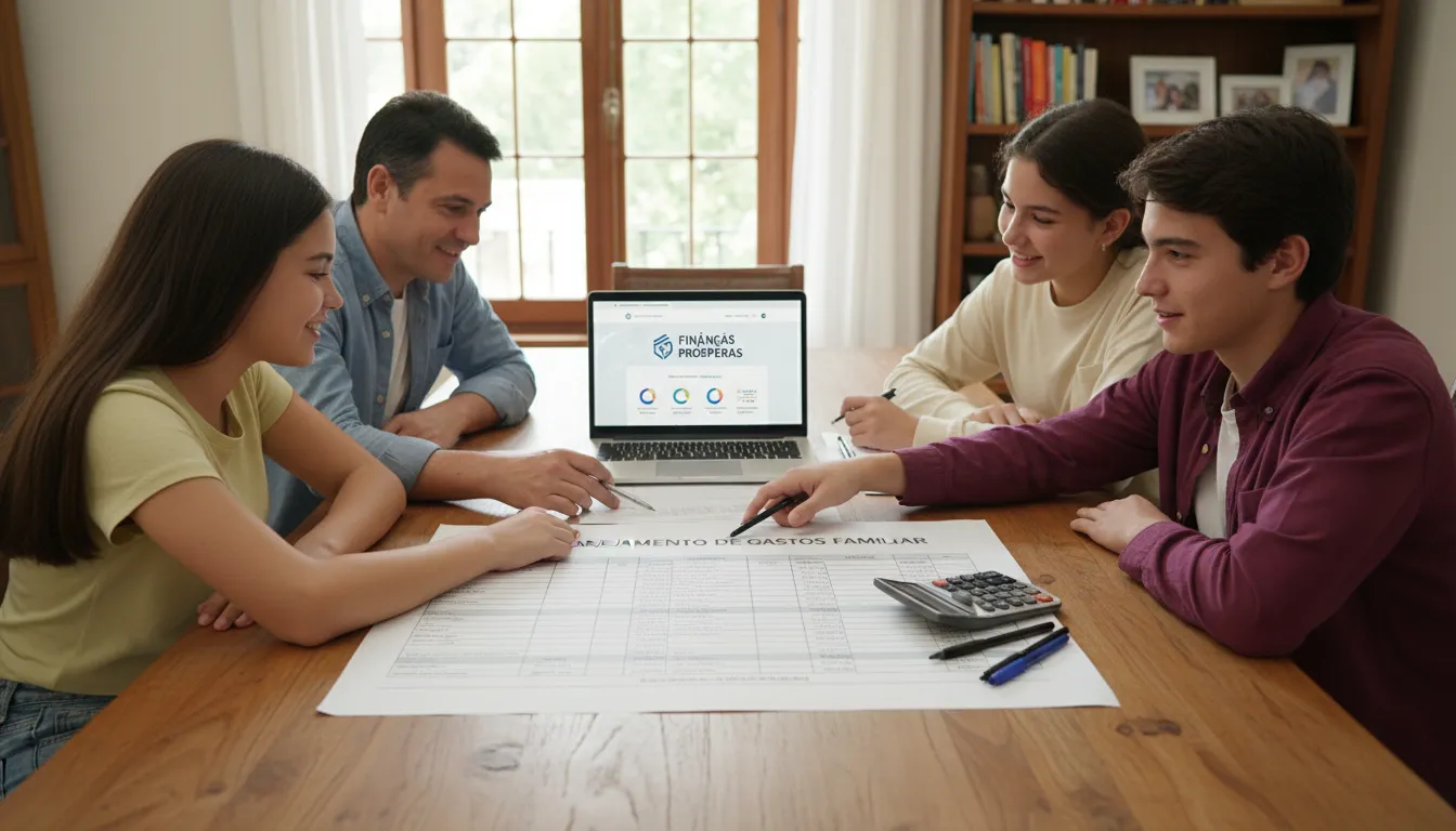 Família organizando planejamento financeiro e pesquisando crédito confiável, cenário de educação e análise conjunta