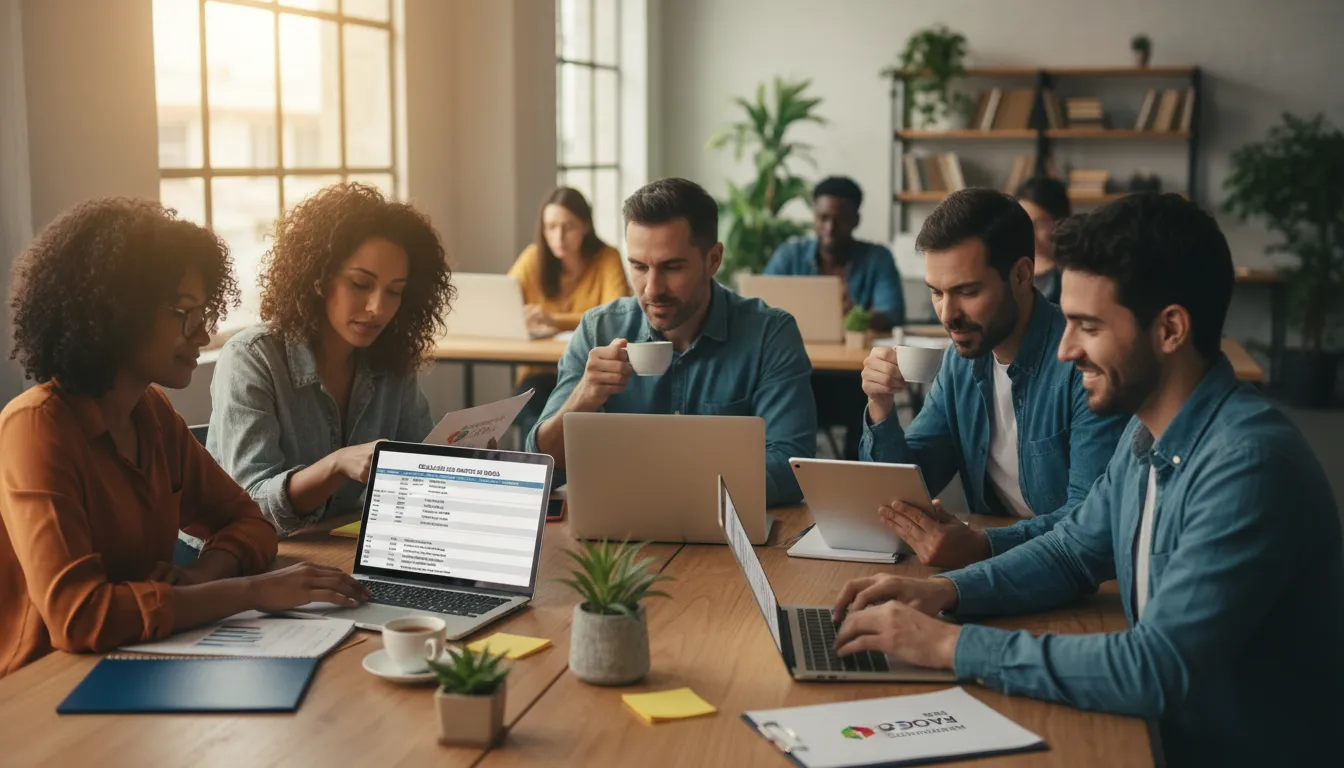 Grupo de microempreendedores brasileiros analisando juntos planilhas financeiras e declarações fiscais.