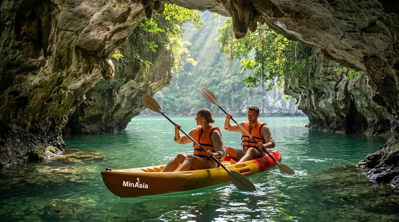 Passeio de caiaque pelas águas esmeralda e cavernas da Baía de Halong no Vietnã.