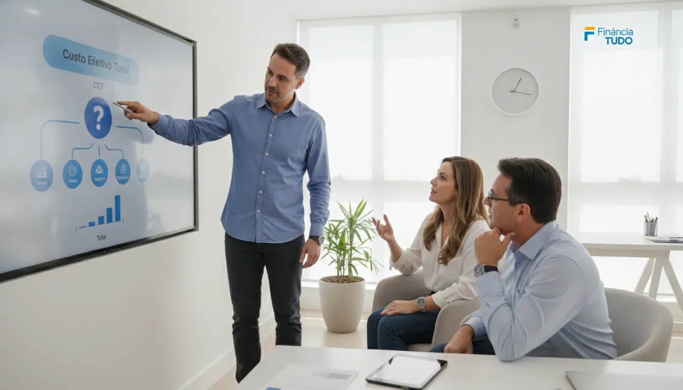 Especialista financeiro explica o que é CET no empréstimo para clientes, destacando consultoria personalizada.