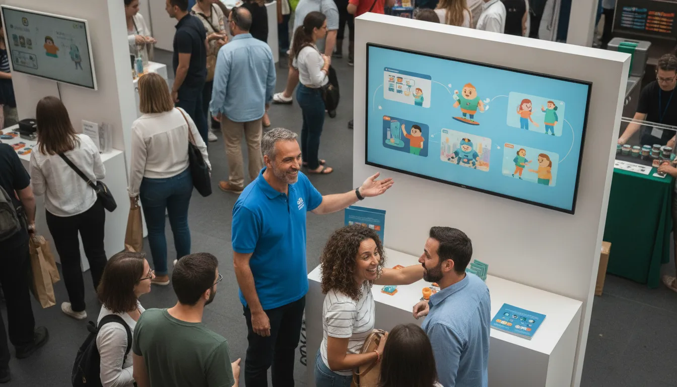 Empreendedor exibe vídeo animado de marketing em feira, atraindo clientes com narrativa visual envolvente.