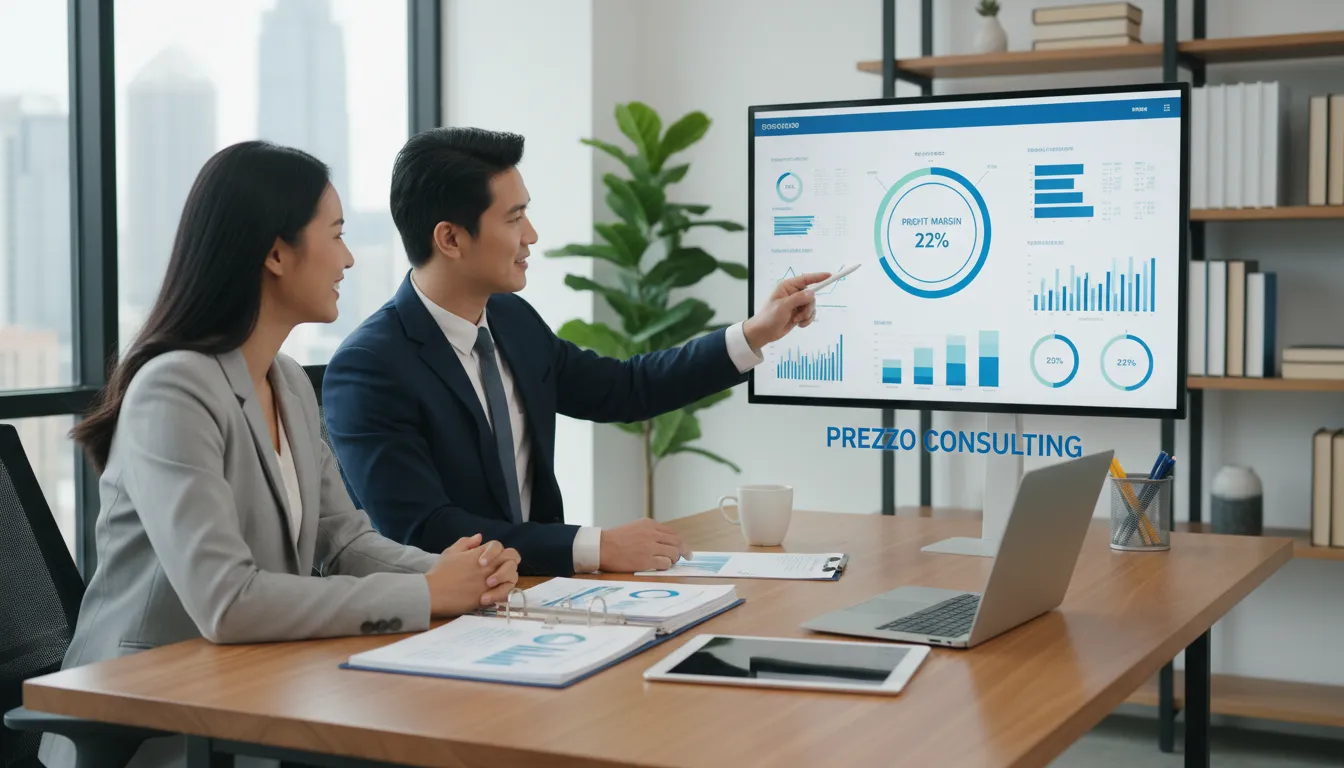 A positive scene showing a small business owner working with a Prezzo consultant, demonstrating the benefits of professional bookkeeping for small business growth.