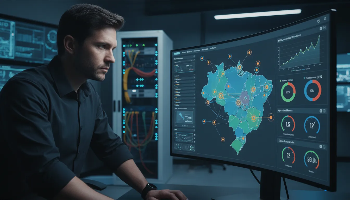 Engenheiro monitorando a plataforma Datatem com dados em tempo real da smart grid brasileira e conectividade M2M.