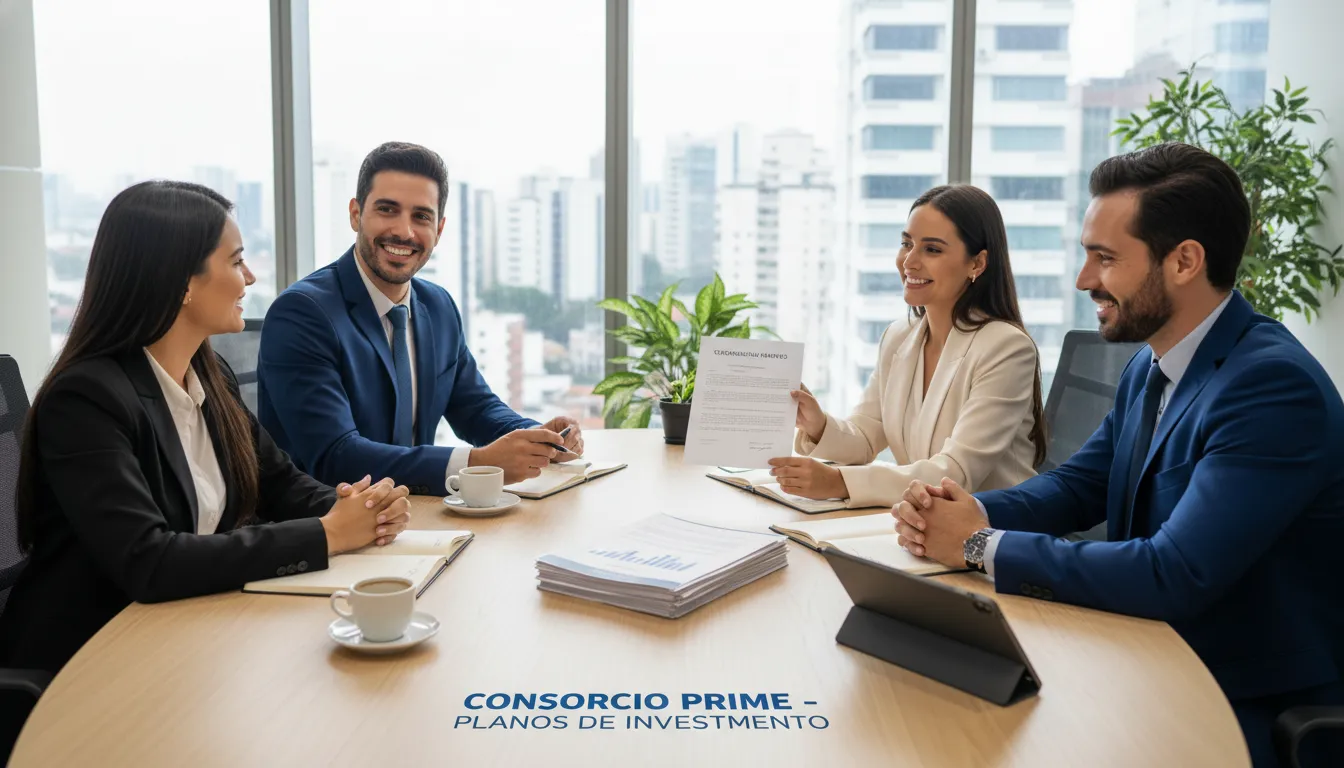 Grupo reunido discutindo consórcio de veículos, transmitindo planejamento em ambiente corporativo moderno.