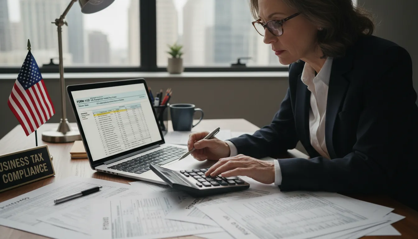 Contador revisando planilhas e formulários fiscais sobre impostos para empresas nos EUA