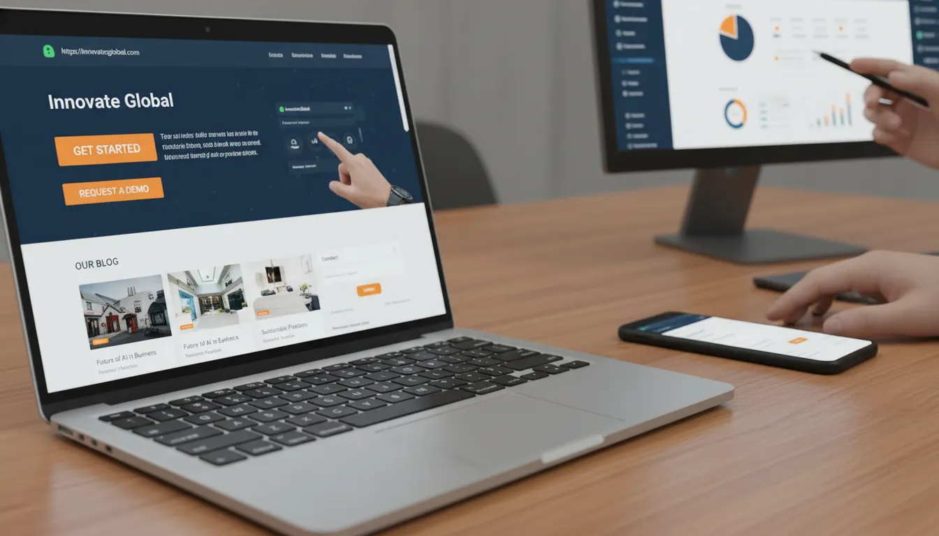 Seu Website em 2026: Checklist de Revisão da Virada do Ano 1 Dispositivos mostram site responsivo, seguro e veloz, com CTAs visíveis e formulário sendo testado para captação de leads.