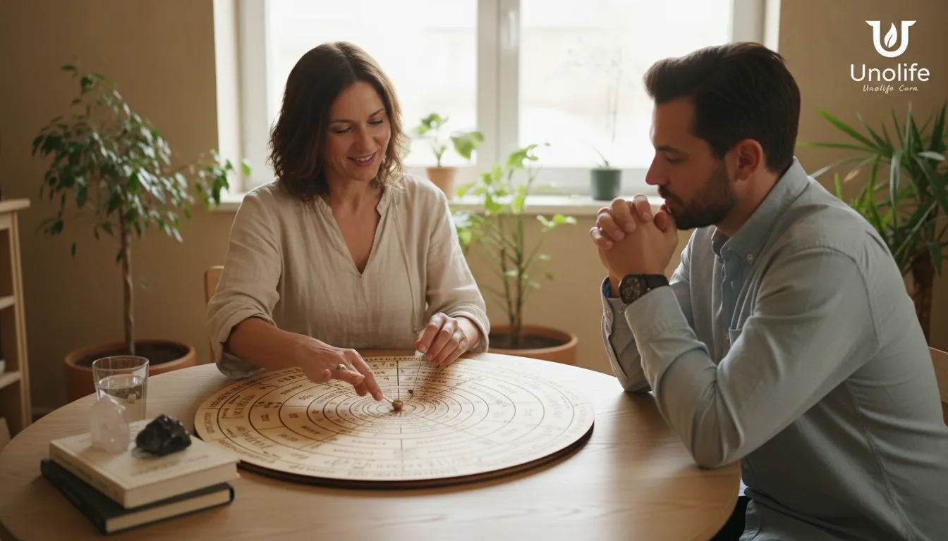 Profissional da Unolife explicando os princípios da mesa radiônica para um cliente, transmitindo confiança e conhecimento sobre a técnica.