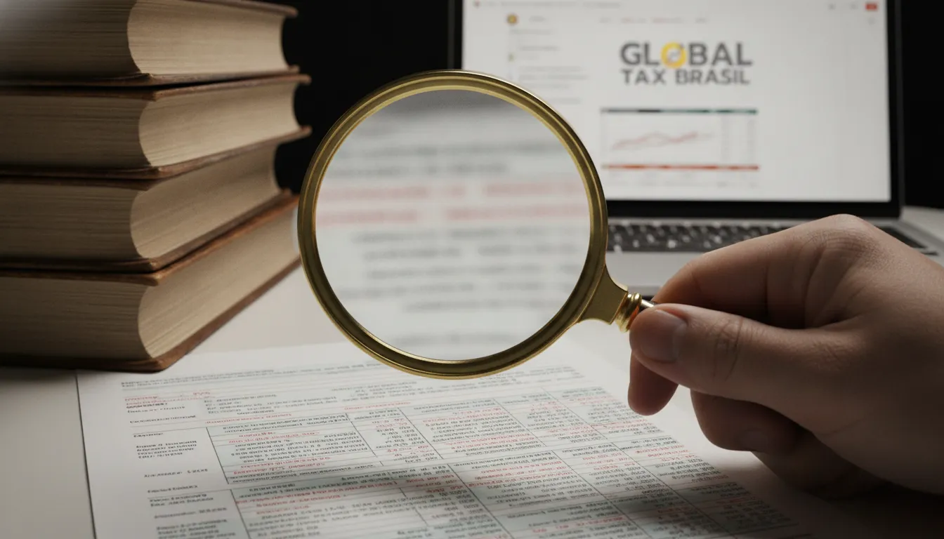 Mão com lupa analisa formulário fiscal, simbolizando multas e juros ao regularizar saída fiscal retroativa.