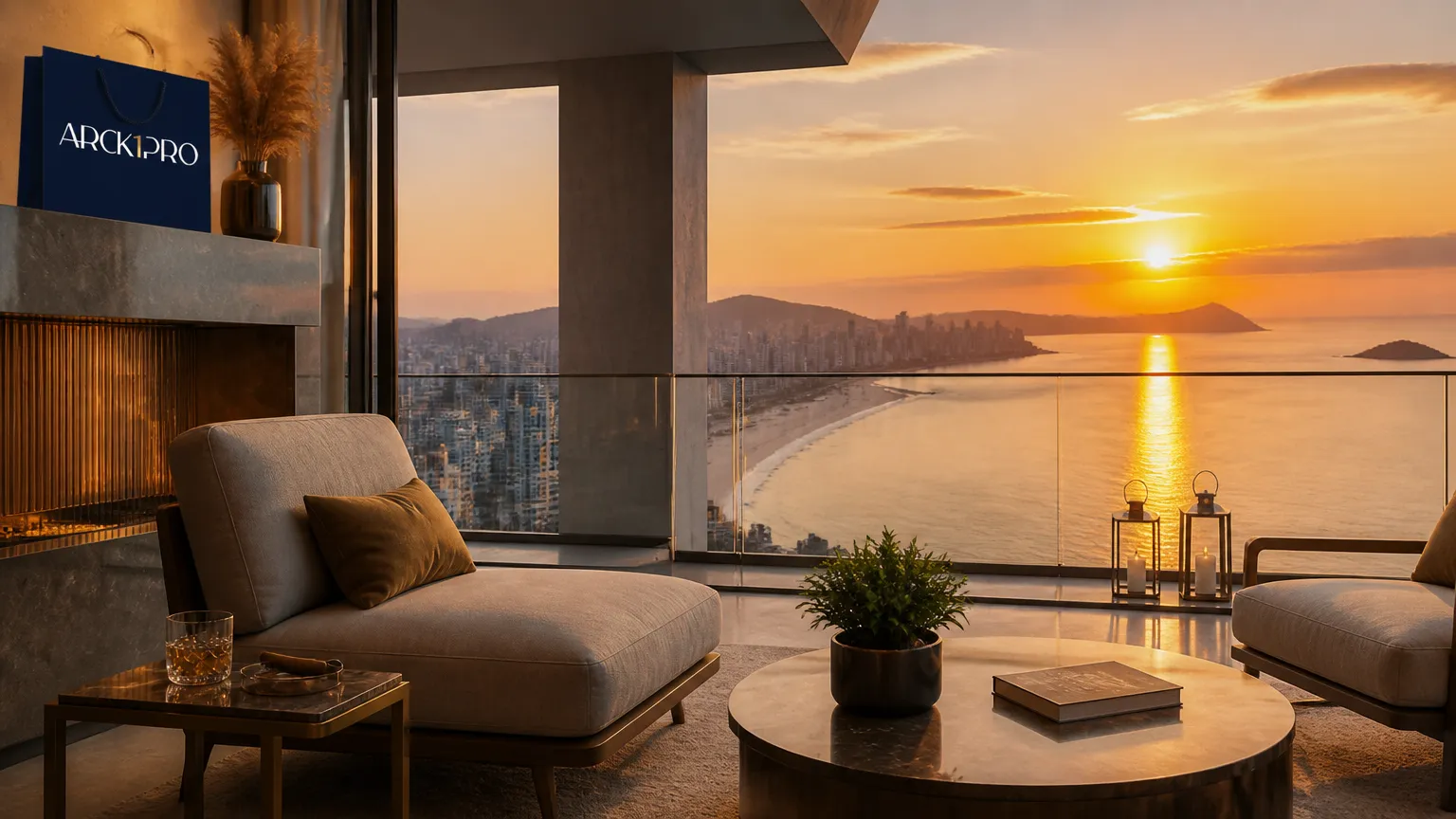 Varanda de cobertura luxuosa representando imóveis em Itapema frente ao mar.