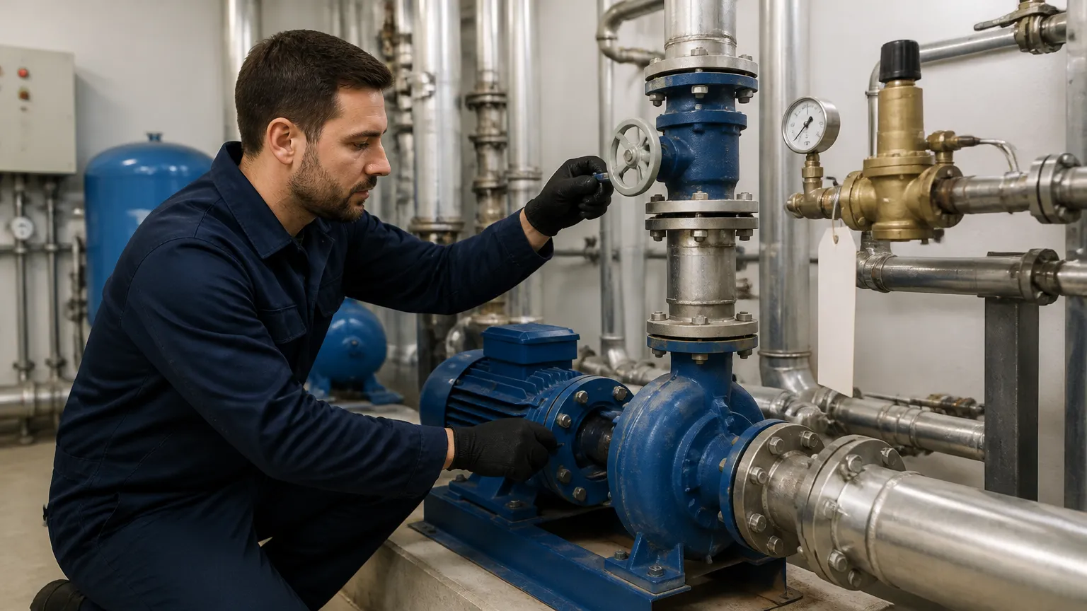 Técnico ajustando equipamento com crédito para bombas hidráulicas de condomínio.