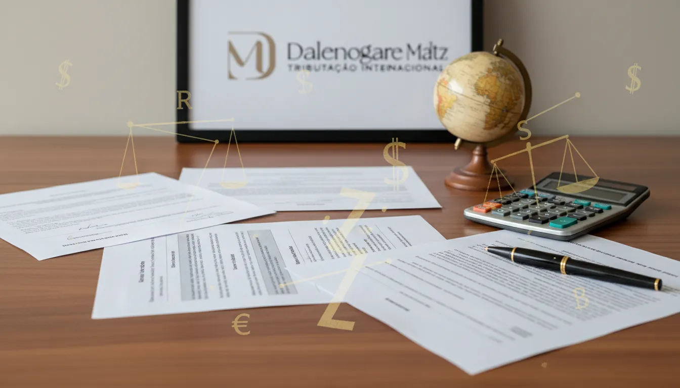 Documentos fiscais e legais para comprar imóvel no exterior, mostrando a complexidade da tributação internacional no Brasil.