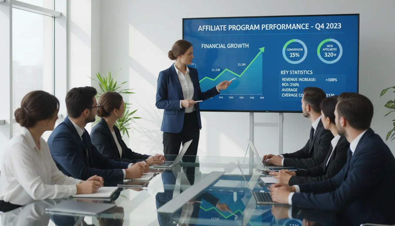 Especialista em finanças apresentando resultados de desempenho de afiliados em reunião