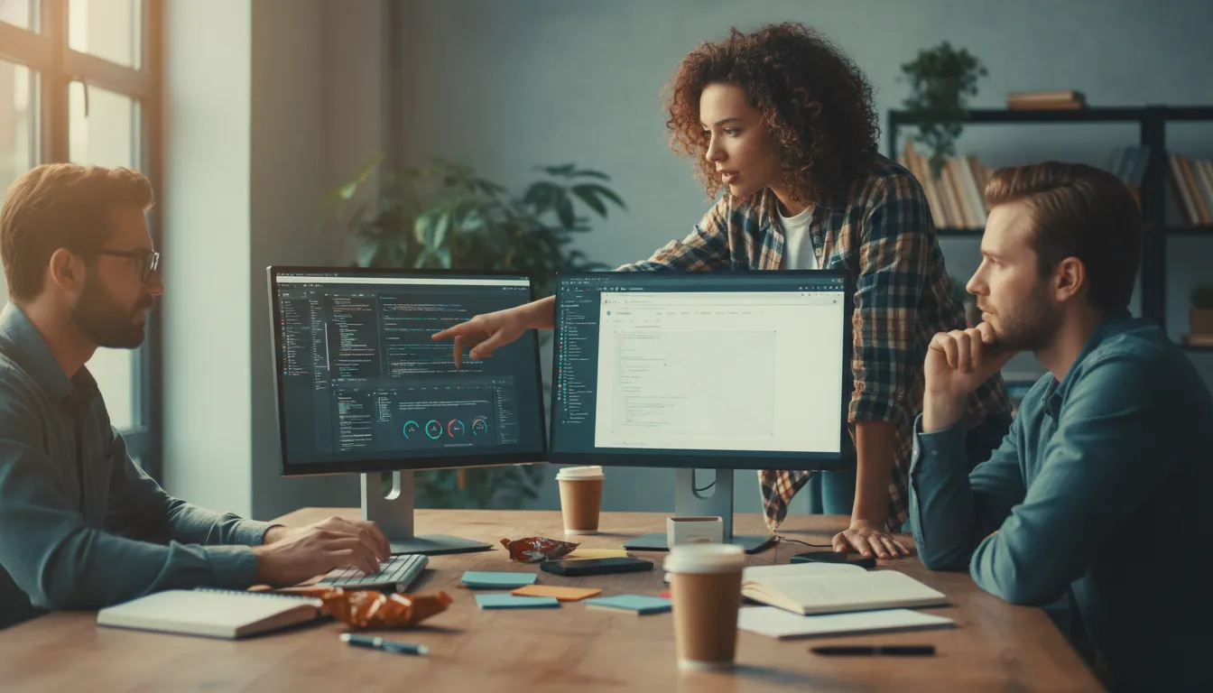 Equipe trabalhando na otimização técnica de site com códigos na tela