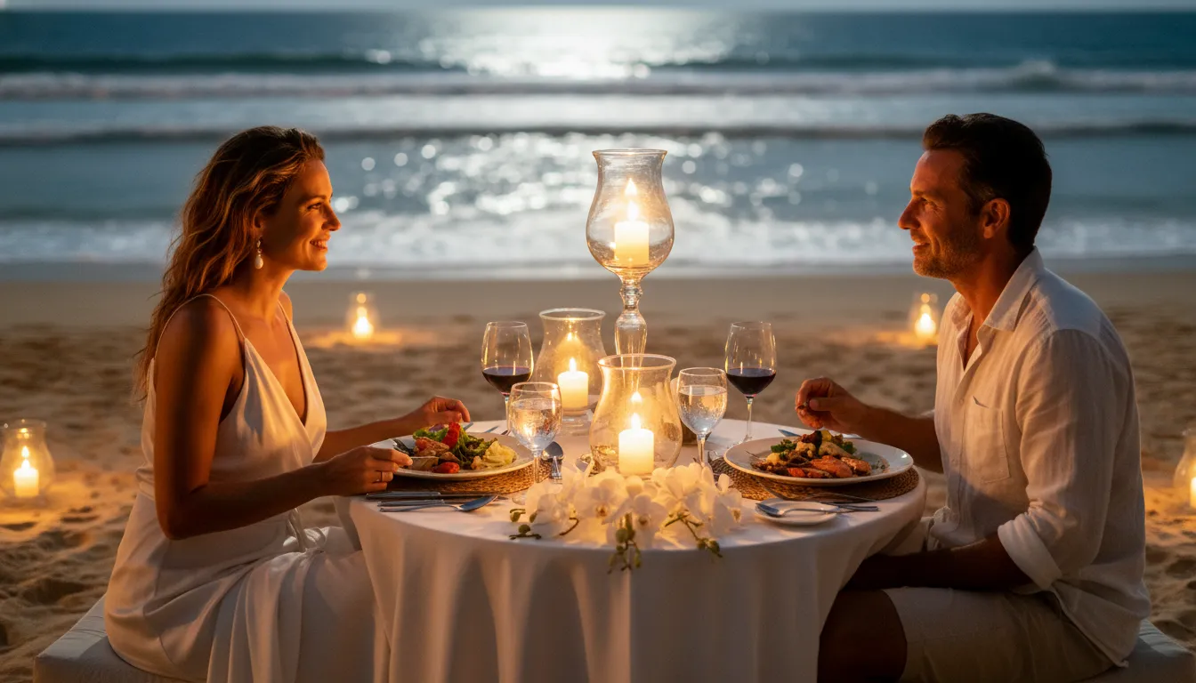 Casal desfrutando de um jantar romântico na praia em Trancoso viagem, à luz de velas.