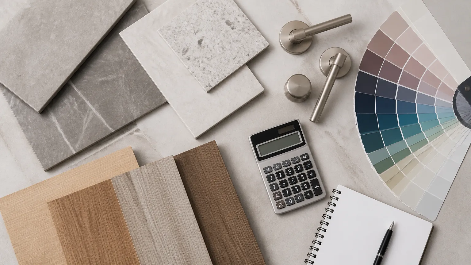 Materiais de acabamento e calculadora para definir o orçamento para terminar uma obra.