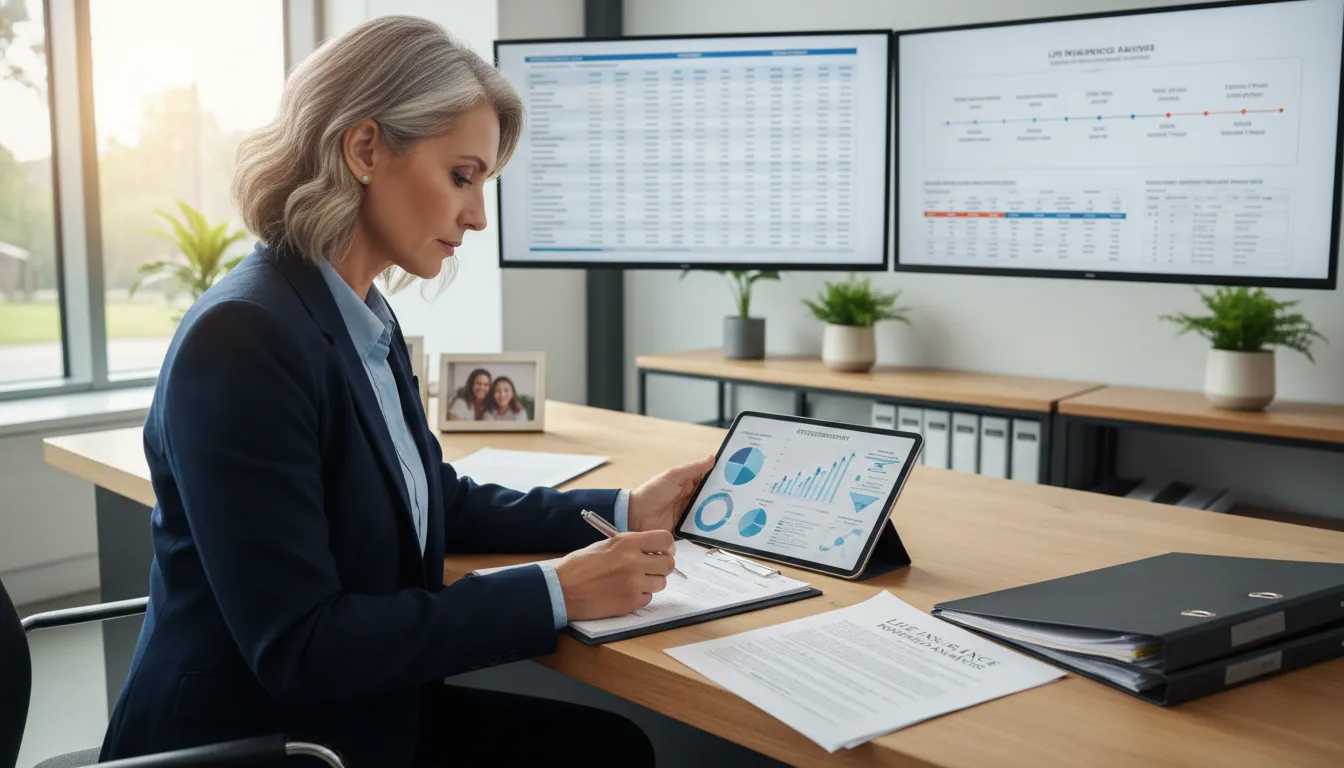 Pessoa madura revisa apólices e gráficos em escritório, sinalizando organização e planejamento financeiro