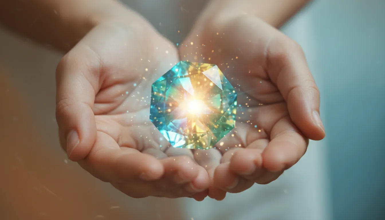Mãos segurando cristal brilhante, irradiando energia de cura espiritual e bem-estar.