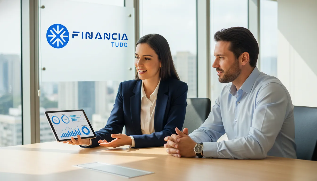 Consultor financeiro da Financia Tudo explicando opções de home equity para substituir dívidas a um cliente em seu escritório.