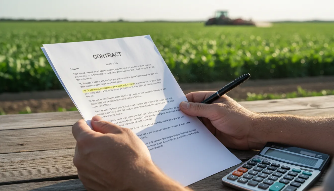 Mãos segurando contrato rural com cláusulas destacadas, calculadora e caneta ao lado sobre fundo de fazenda
