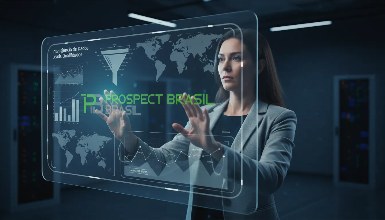 Profissional analisa dados complexos para prospecção B2B em painel holográfico avançado.
